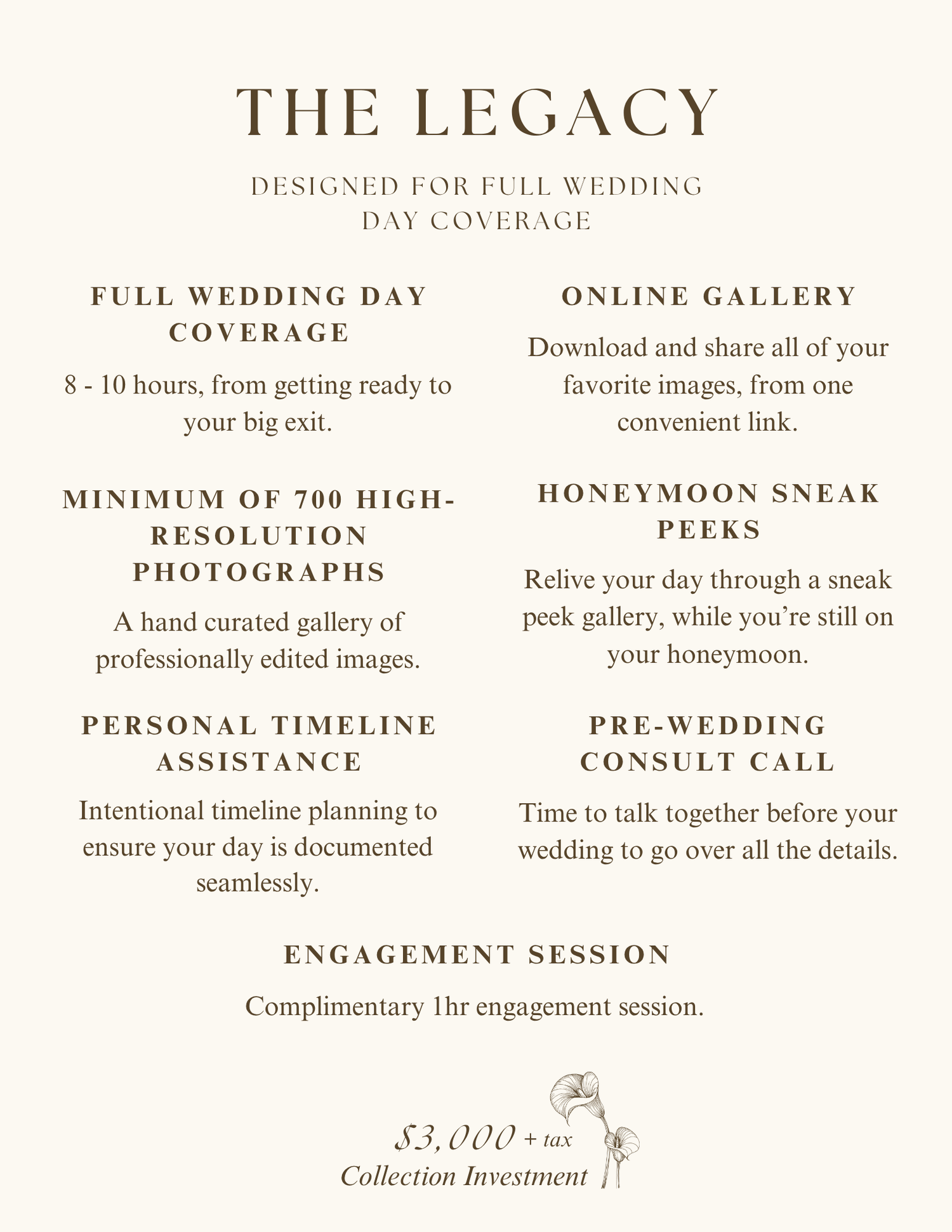 Wedding photography pricing guide for The Legacy package offering full day coverage, 700+ photos, and online gallery for $3,000.