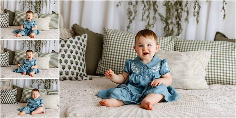 Adorable baby girl in blue dress sitting on white bed with green pillows, collage of four photos.