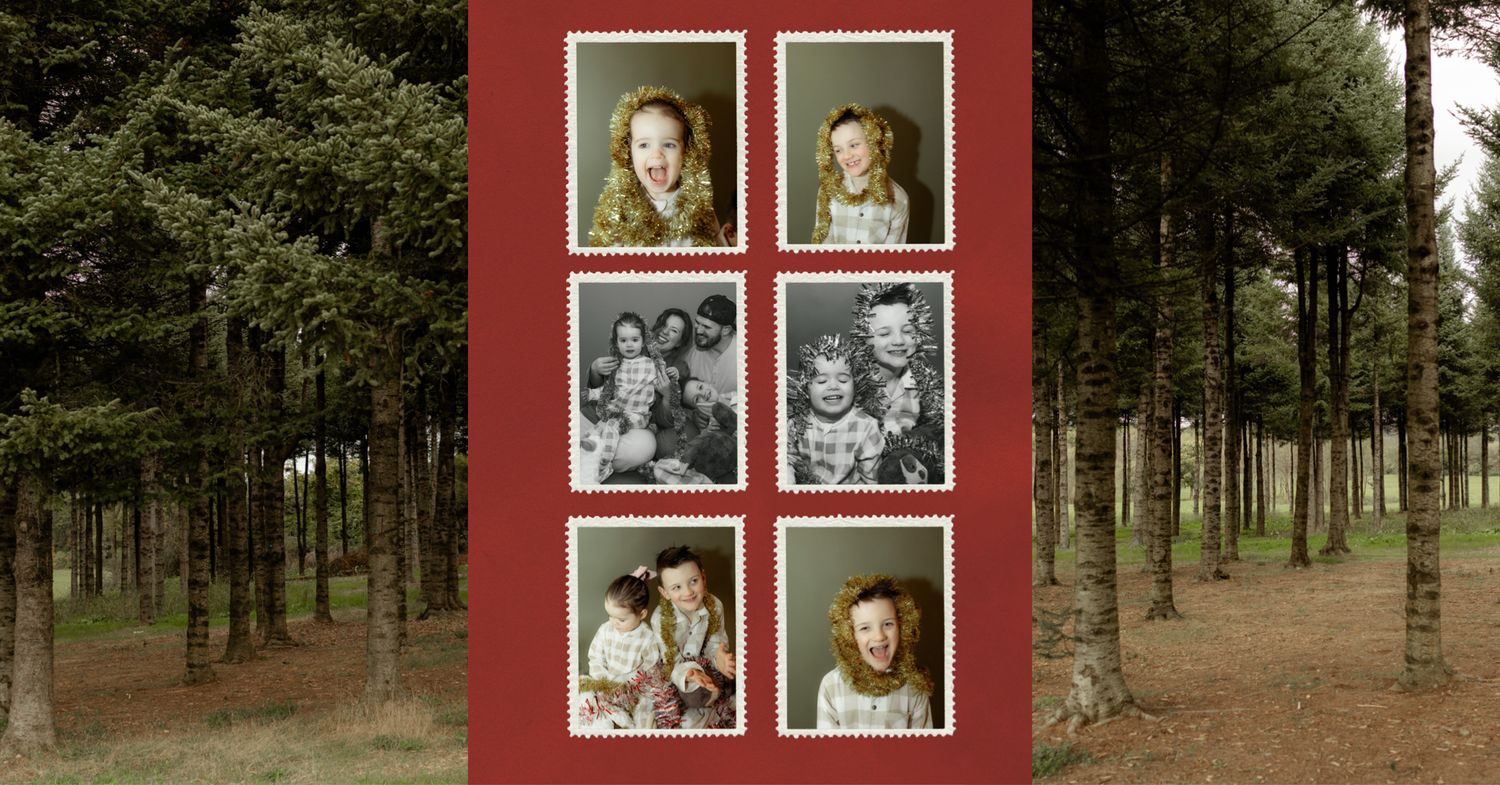 Black and white photo collage showing a baby in various poses with silver balloons and party decorations.