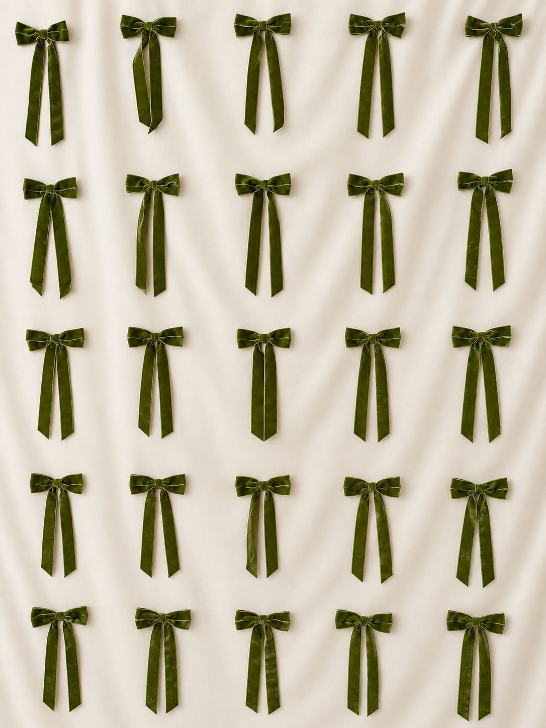 A grid of olive green velvet bows with long ribbon tails arranged in rows on a cream white backdrop.