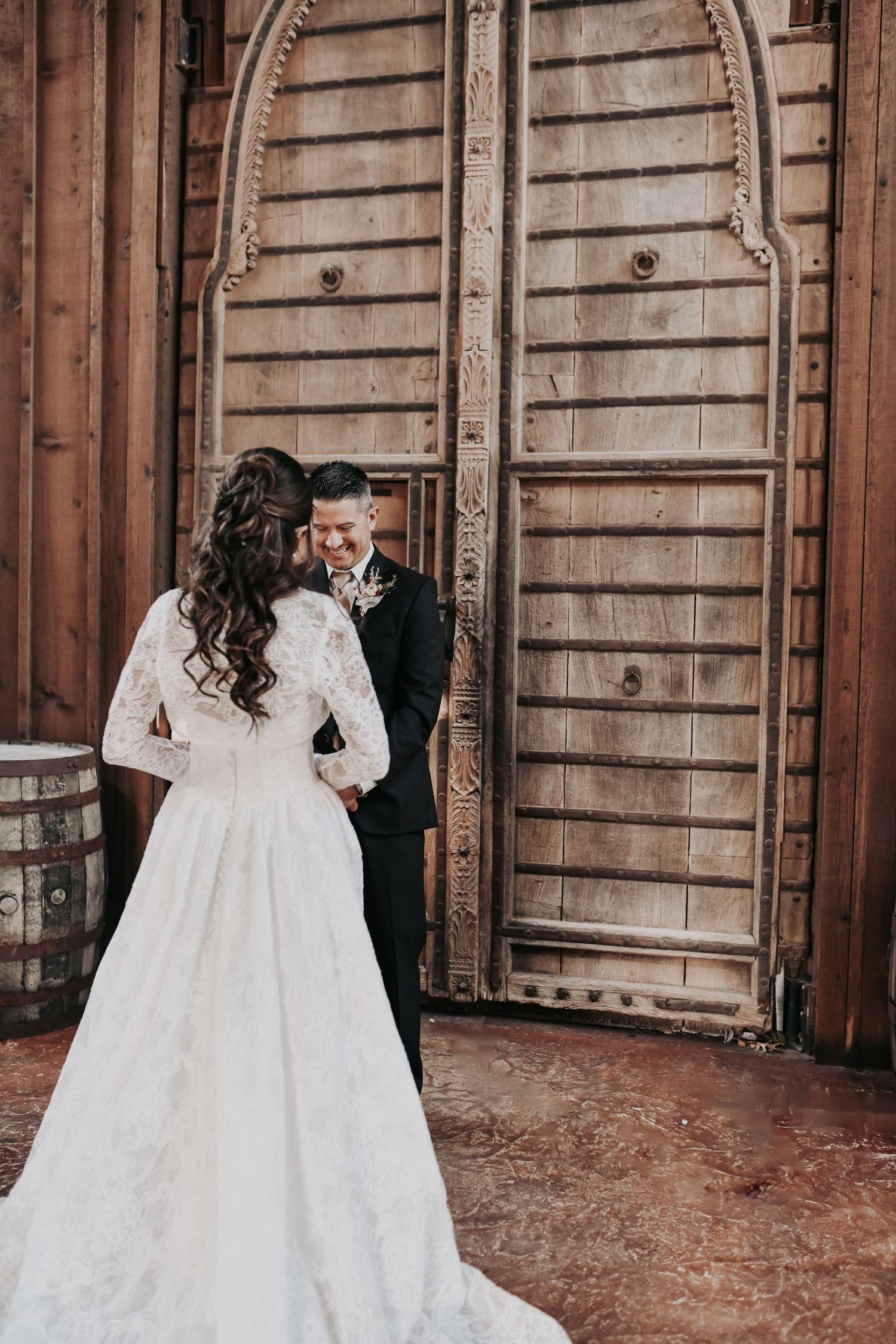Emotional father daughter first look before wedding ceremony