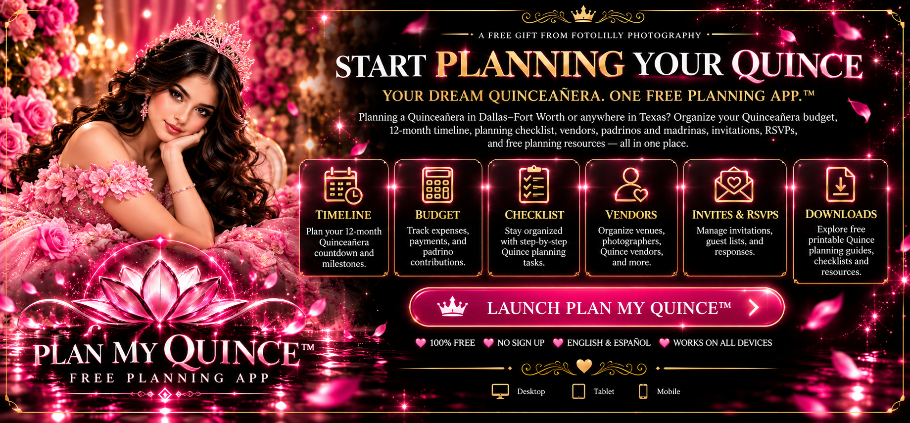 Plan My Quince glamorous Quinceañera planning experience with a pink quince dress, crown, and lotus branding