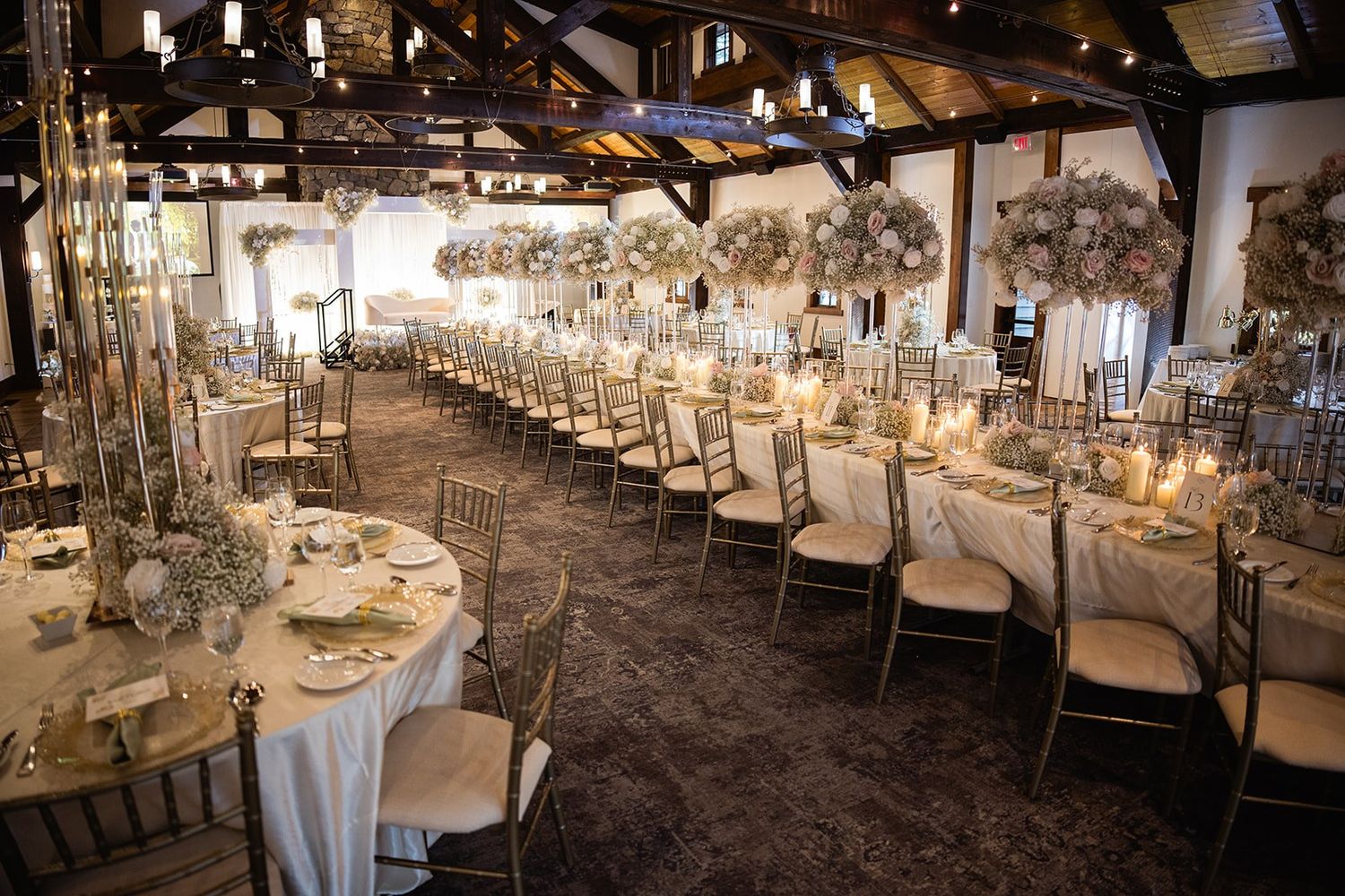 Pavilion at Silvertip Resort set for a wedding reception with long tables