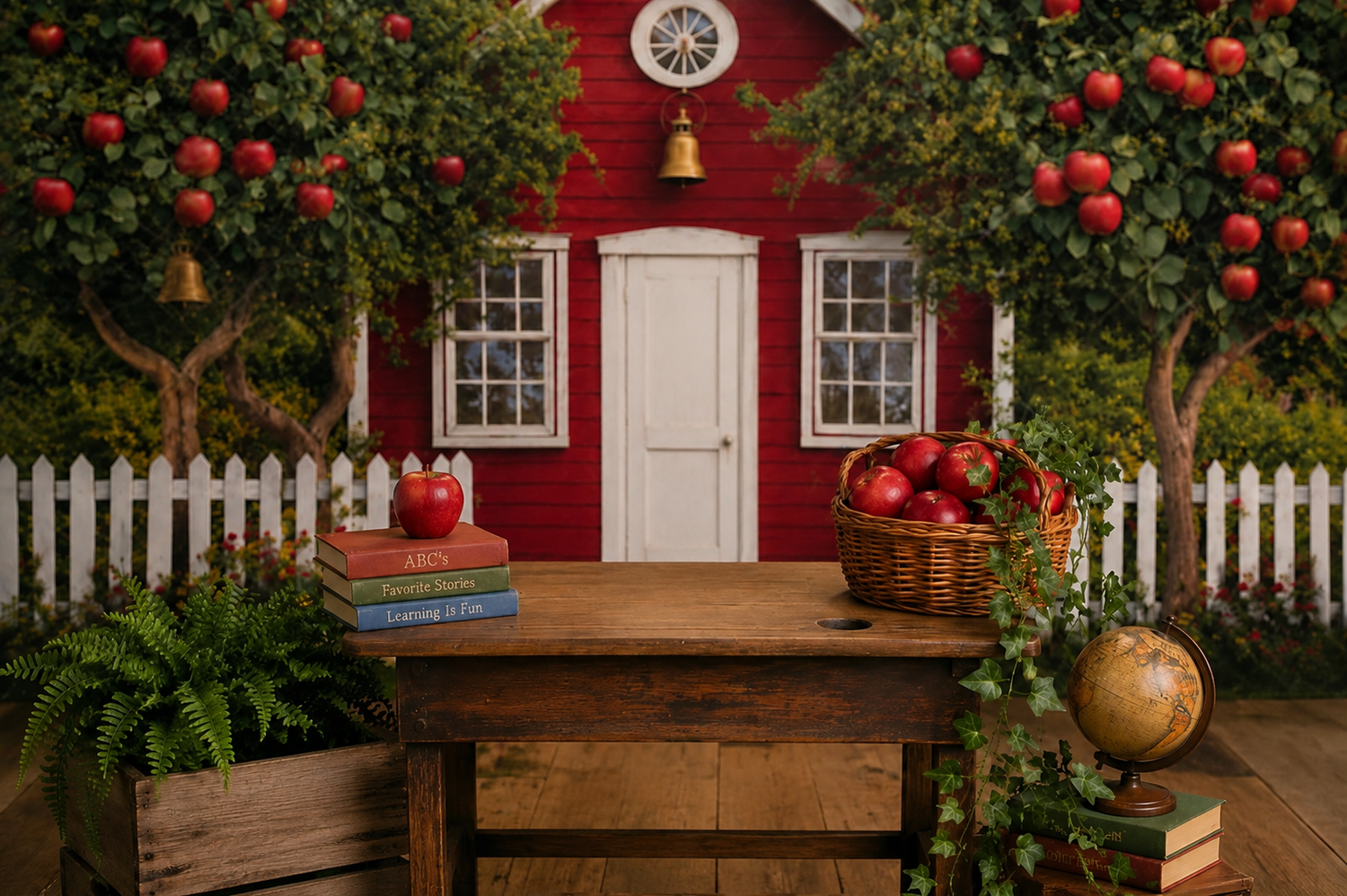 Red schoolhouse backdrop with apple trees, wooden desk, books, basket of apples, and globe for fall photography.