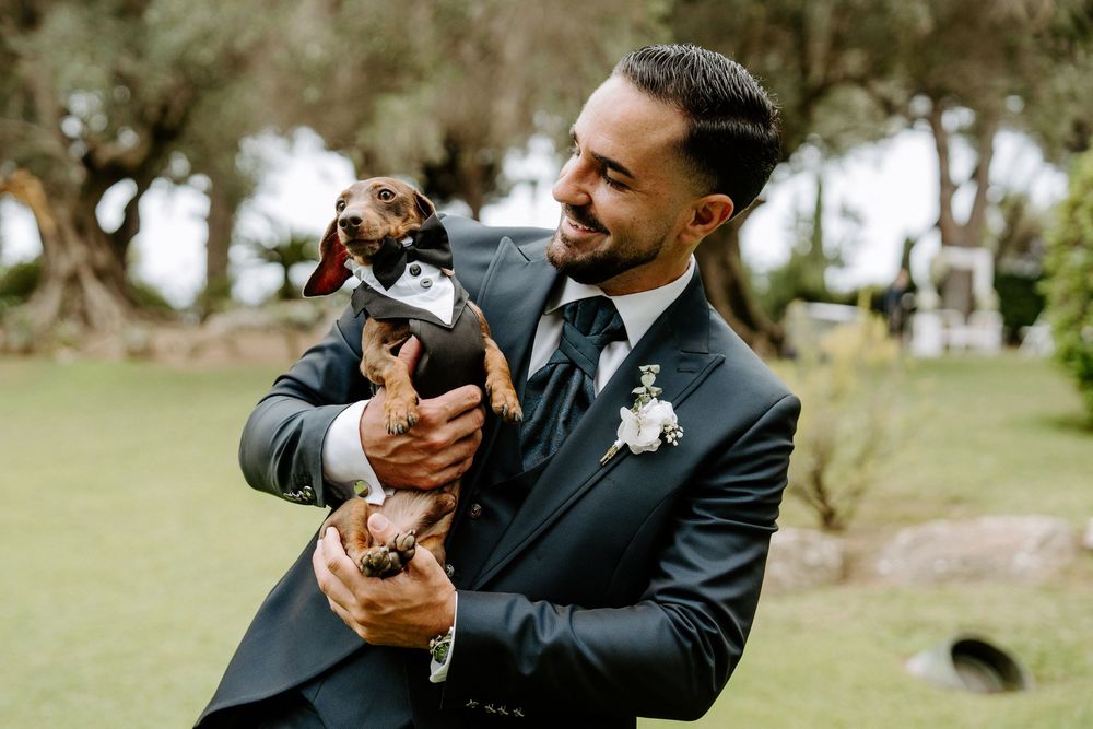 Smiling groom in black suit holding small dressed-up dog outdoors at wedding venue.