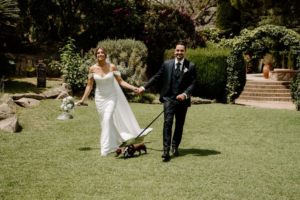 Happy bride and groom walk their small dog across lush green garden at wedding venue.