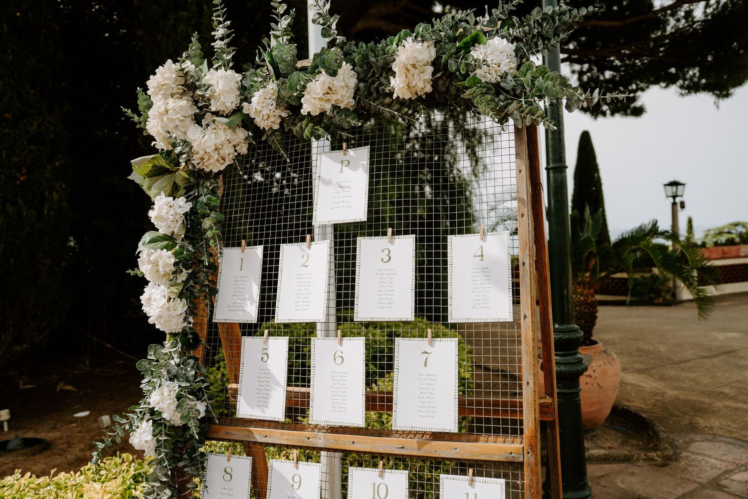 Elegant wedding seating chart display on wooden frame adorned with white hydrangeas and greenery garland outdoors.