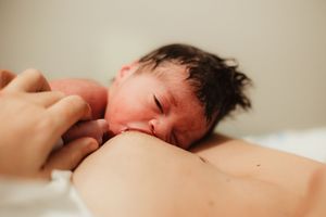 Newborn baby breastfeeding on mother's chest moments after birth, skin-to-skin contact.