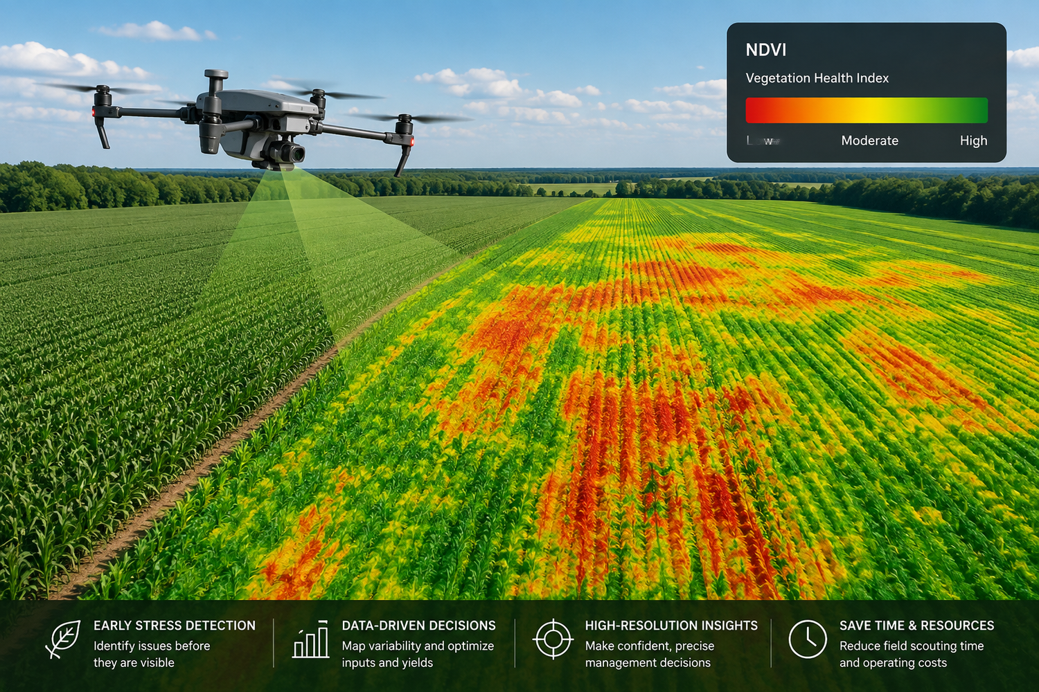 Drone flying over agricultural field with NDVI vegetation health index overlay showing crop stress areas in red and green.