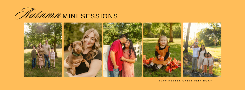 A promotional banner for July mini sessions featuring portraits of families, couples, and children posing outdoors in lush garden settings.