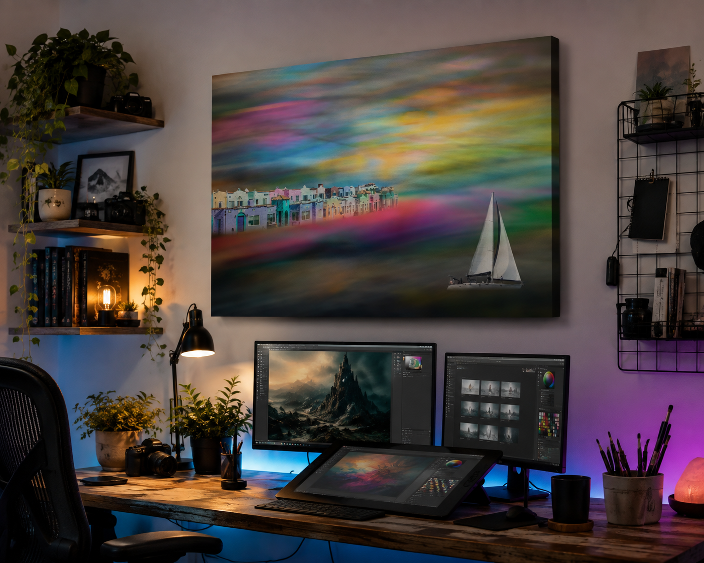 Colorful abstract sailboat painting on wall above a modern desk setup with dual monitors and RGB lighting.