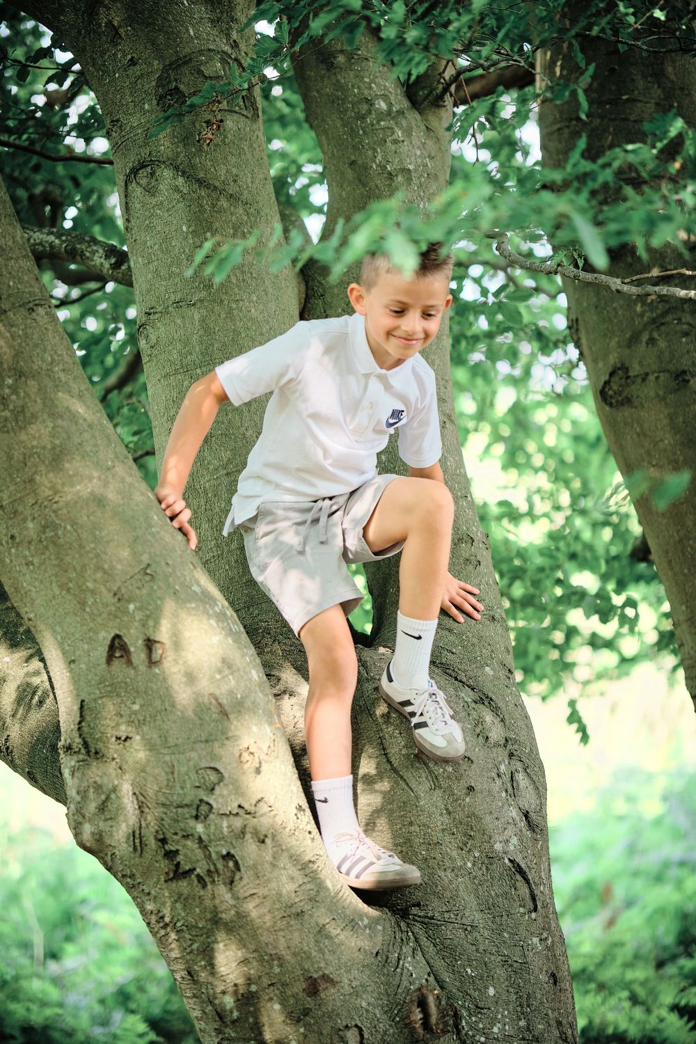 Young boy in white shirt and shorts climbing a large tree outdoors, smiling with joy.