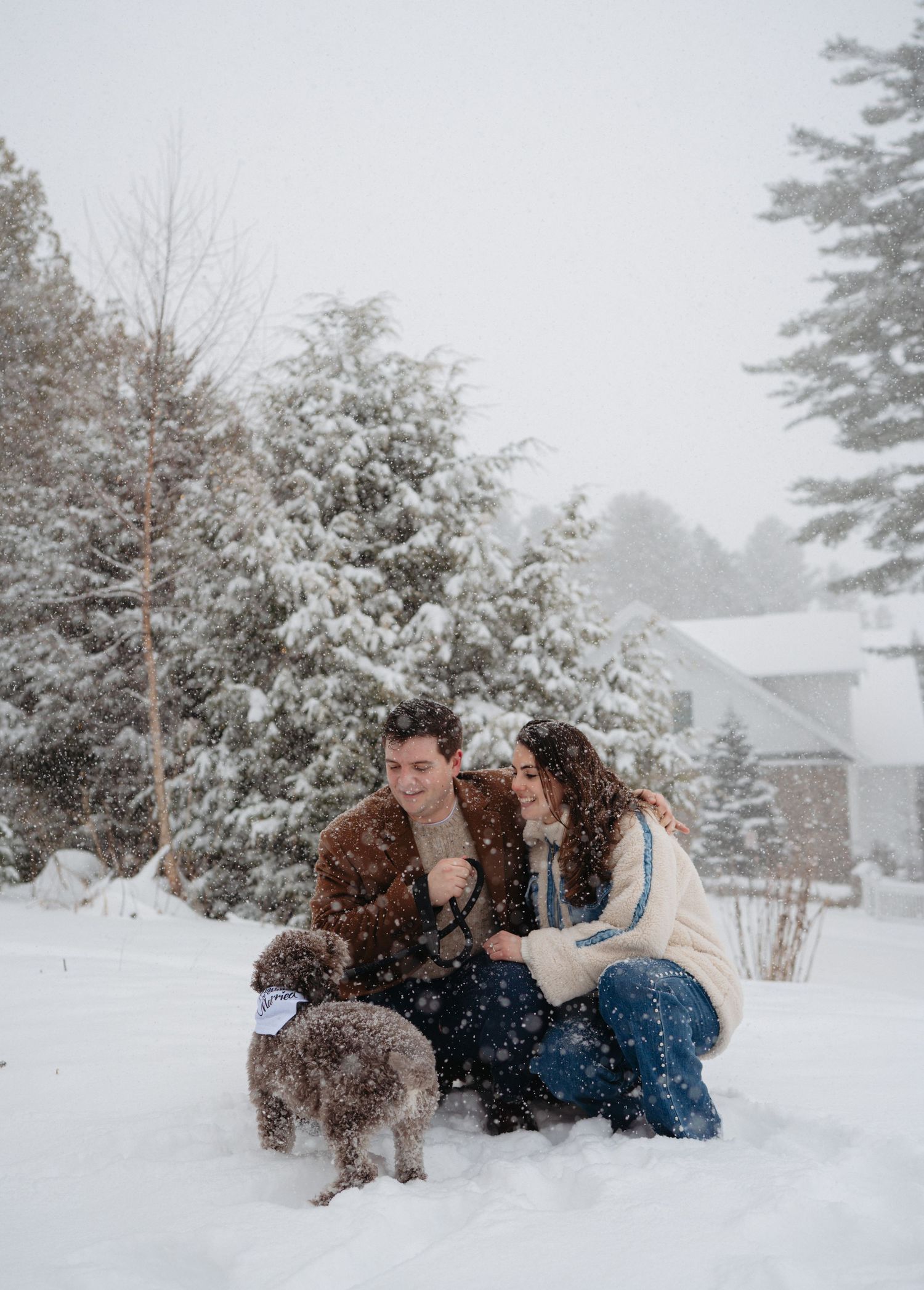 Couple sitting in snow with curly brown dog during snowfall, surrounded by snow-covered evergreen trees.