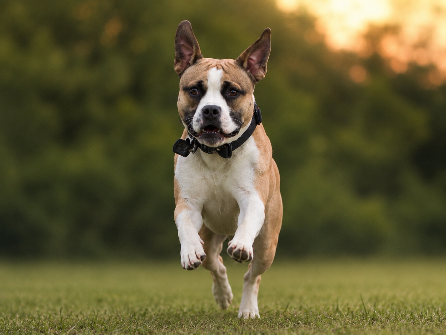 A brown and white American Staffordshire Terrier runs joyfully across green grass wearing a black collar.