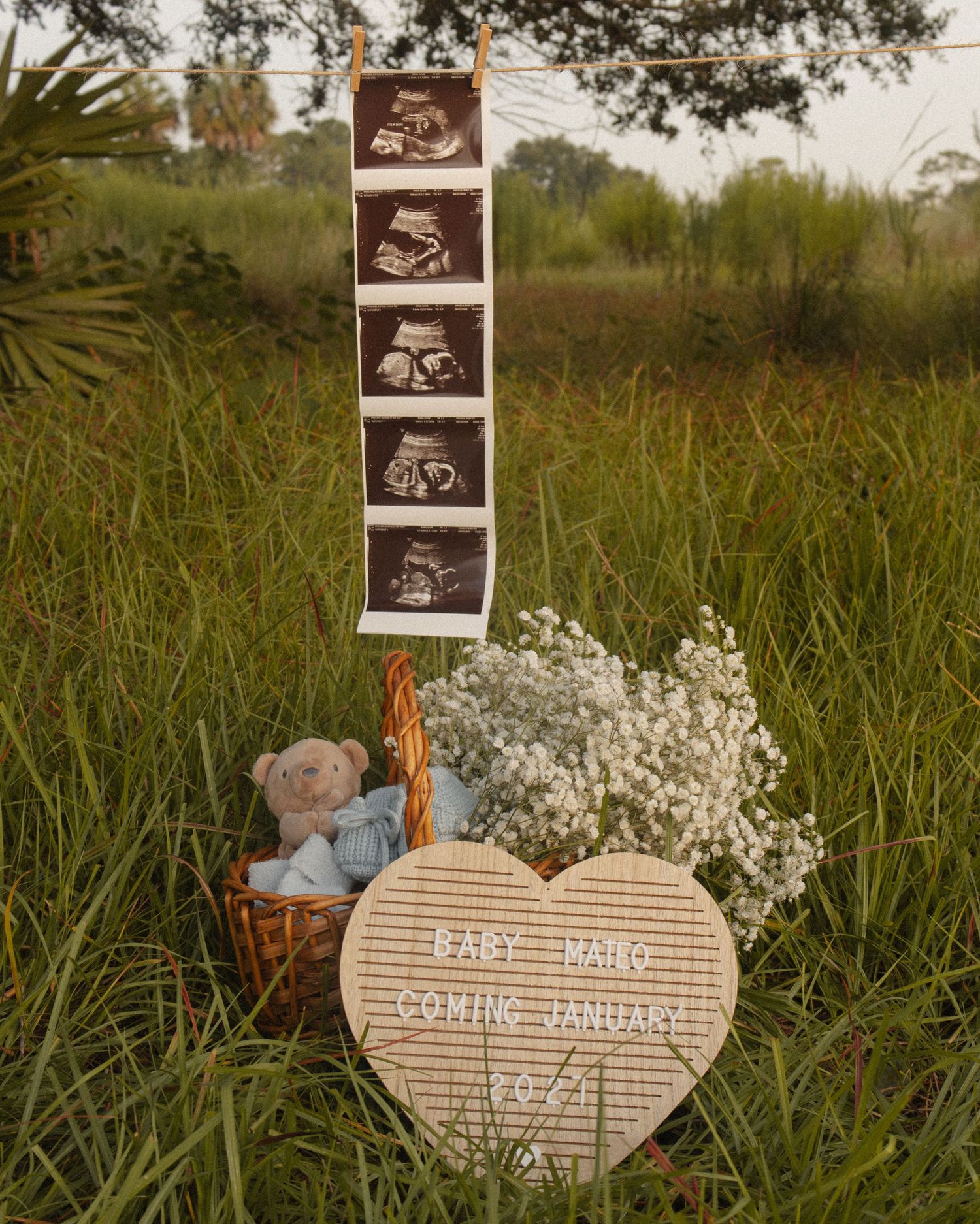 Outdoor pregnancy announcement display with ultrasound photos, baby booties, and a heart-shaped letterboard sign.