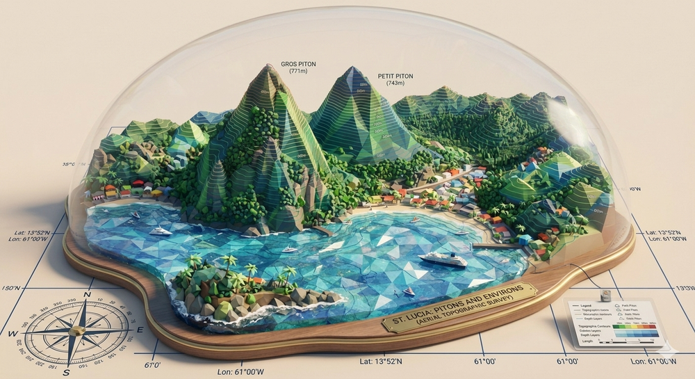 3D diorama model of Saint Lucia under glass dome showing Pitons, lush jungle, and Caribbean coastline.