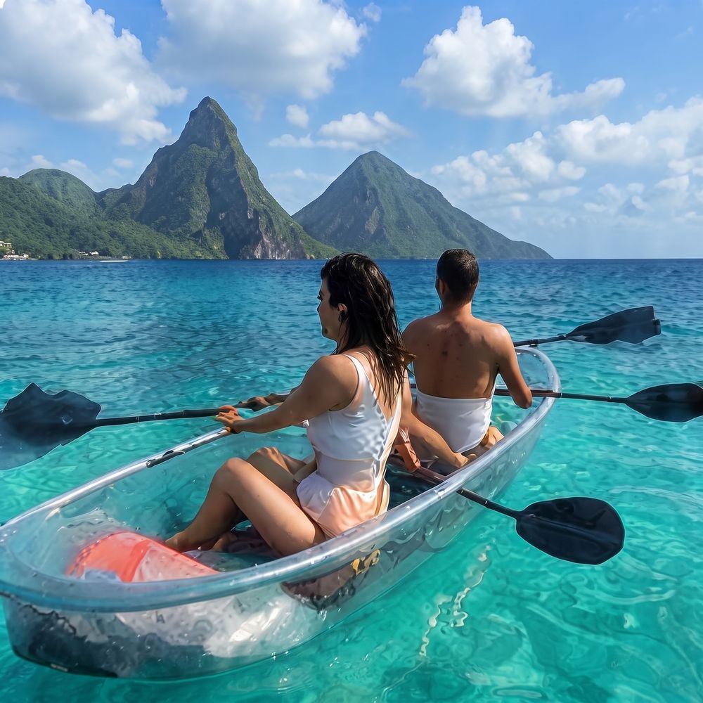 Couple kayaking in clear transparent kayak with stunning view of Saint Lucia Pitons in turquoise water.