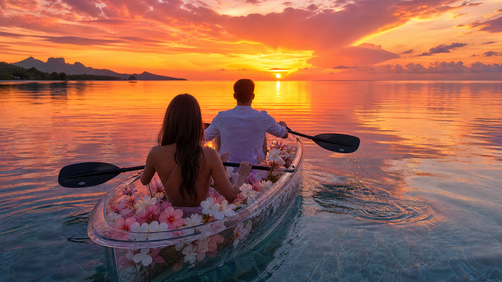 A couple paddling a clear kayak with flowers into a golden sunset during a romantic St. Lucia honeymoon vacation photoshoot.