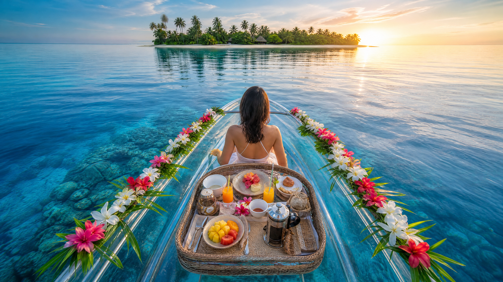 Woman enjoying a flower-decorated breakfast tray on a boat over crystal-clear tropical waters at sunset.