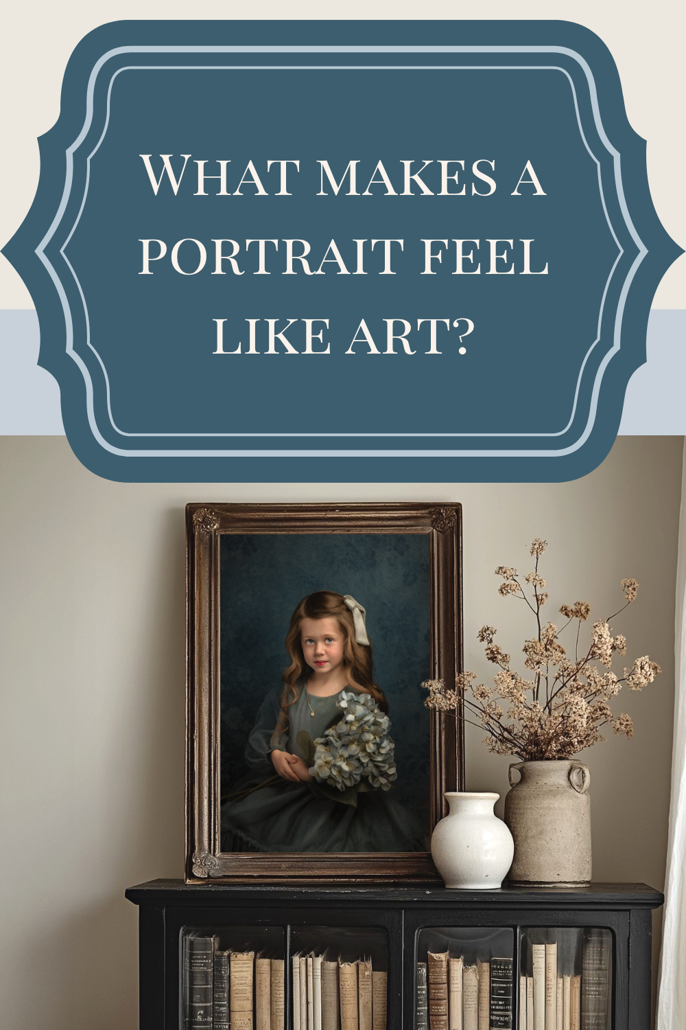 A fine art portrait of a young girl in a blue dress holding flowers, displayed in an ornate frame on a vintage cabinet.