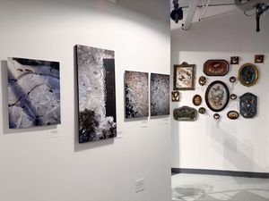 Art gallery wall displaying large abstract photography prints alongside a collection of ornate framed mixed media artworks.