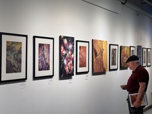 Man viewing colorful framed artwork displayed on white gallery wall at an art exhibition.