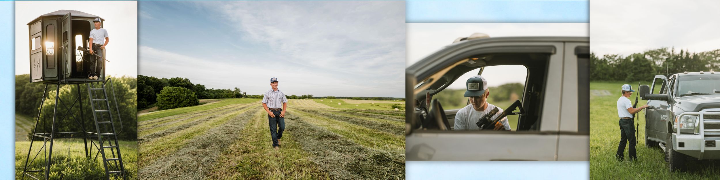A collage of ranch scenes featuring a hunting tower, a man walking in a green field, and a person in a truck cab.