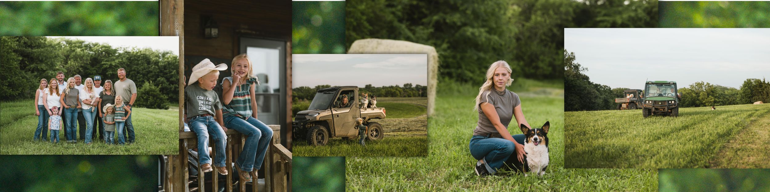 Family farm photo collage featuring group portrait, couple on tractor, green fields, and woman with dog in rural setting.