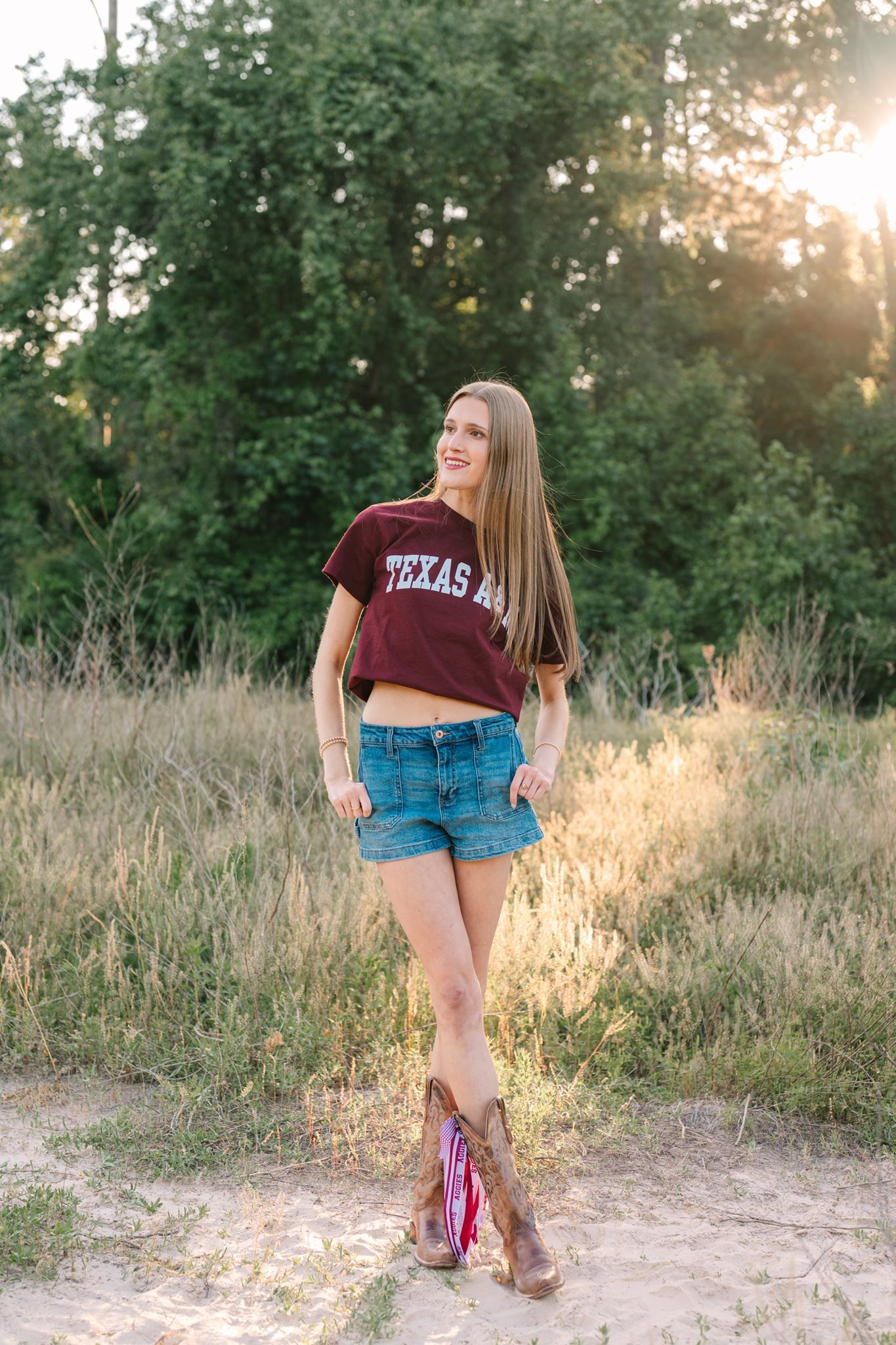 The Woodlands College Park senior girl, wearing Aggie shirt, at Pundt Park in Spring Texas.