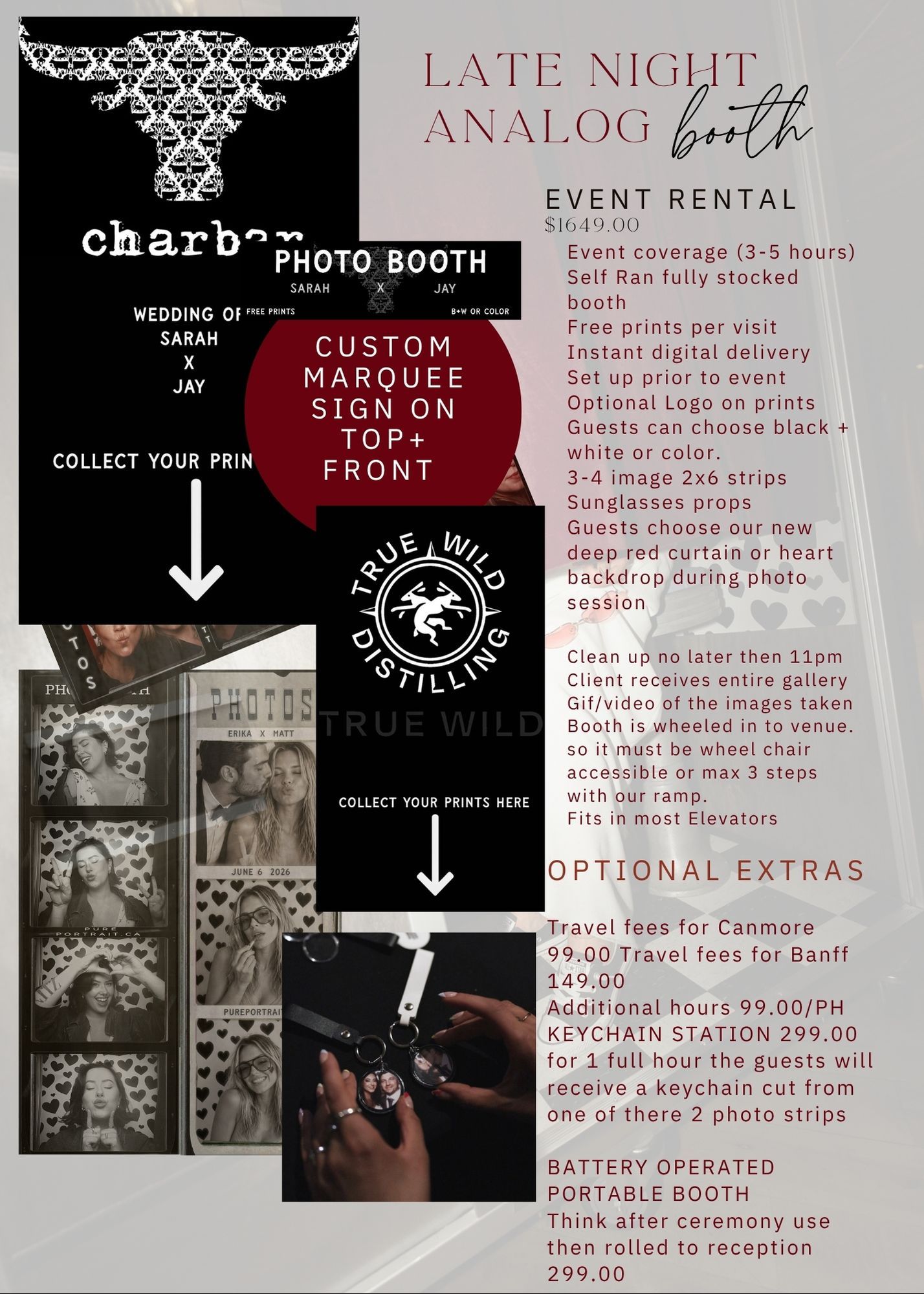 Late night analog photo booth rental flyer with pricing, event details, and sample black and white photo strip images.