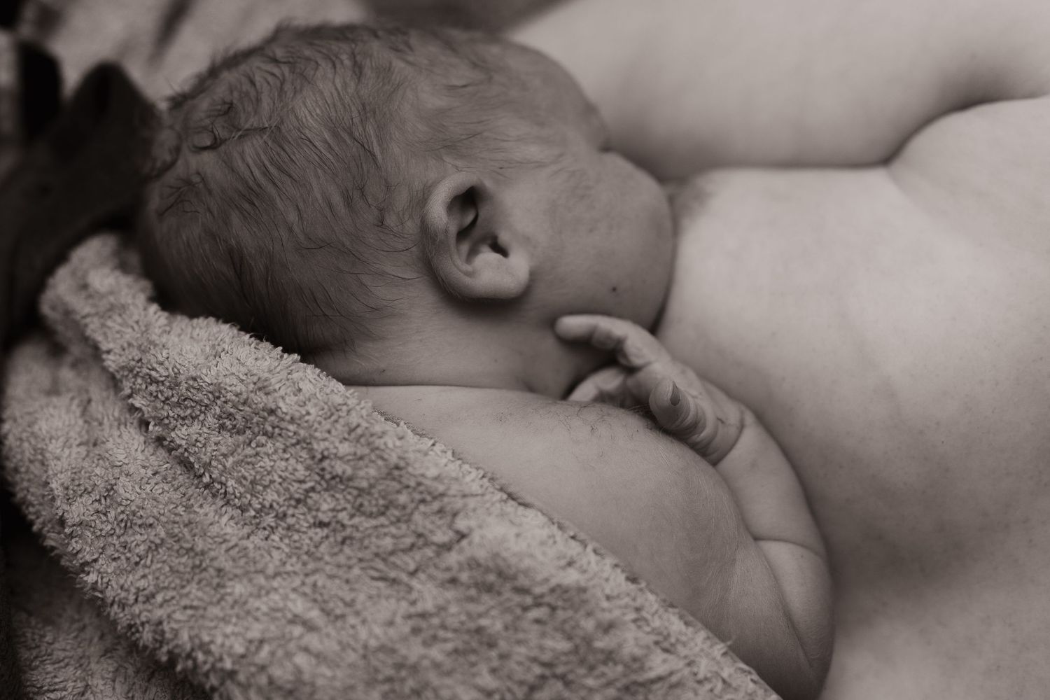 Black and white photo of a newborn baby breastfeeding, wrapped in a soft towel against mother's chest.