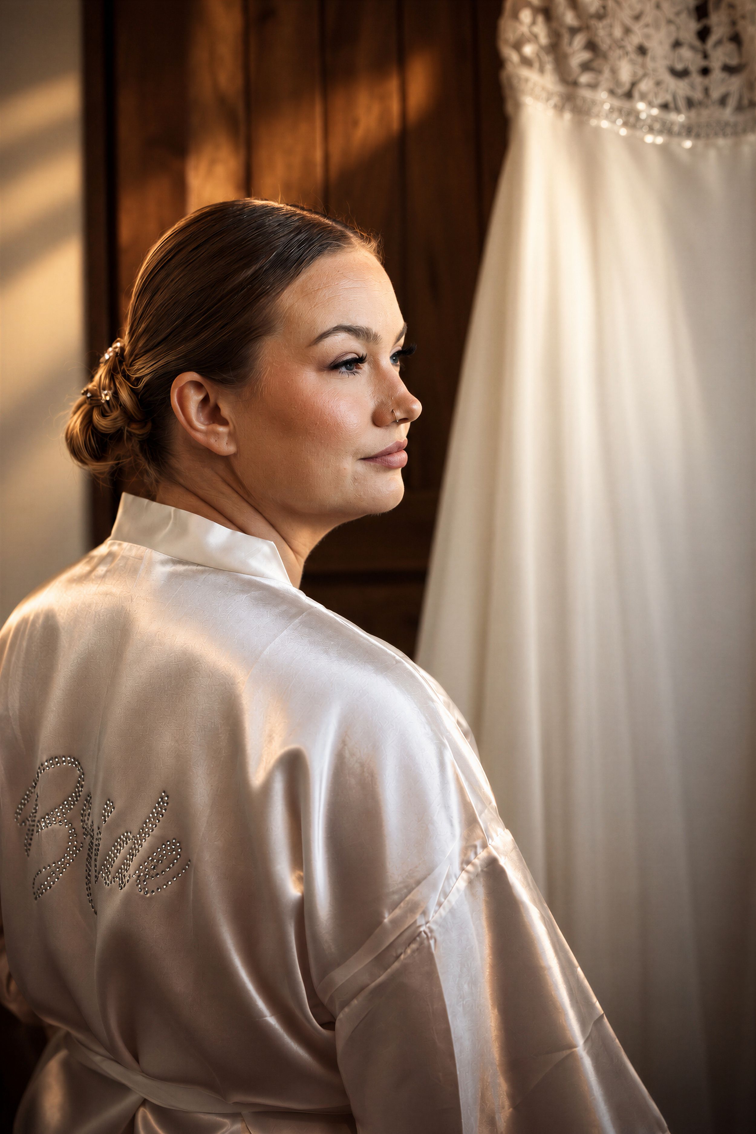 Bride in satin robe gazes at her wedding dress hanging in a rustic wooden room before the ceremony.