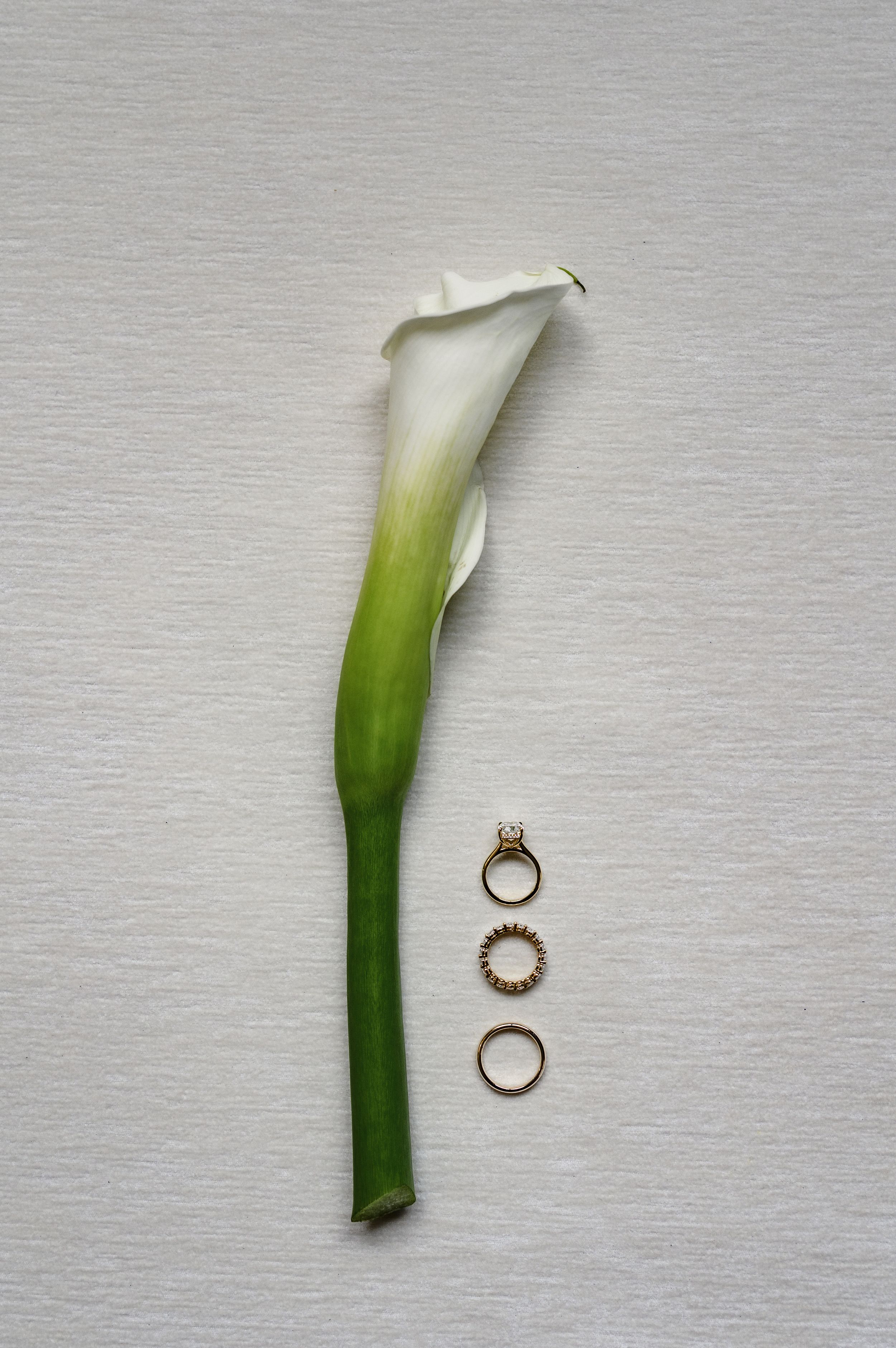 A white calla lily beside three gold wedding rings on a gray background.