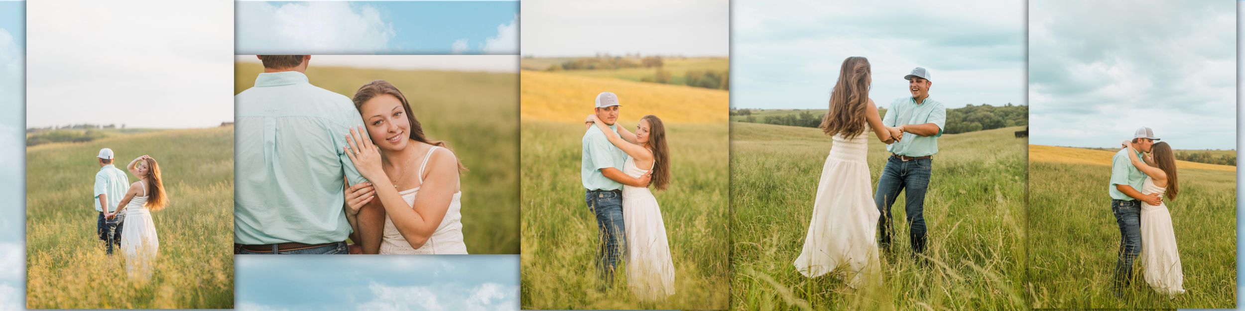 Couple embracing in golden wheat fields during an outdoor engagement photography session on a sunny day.