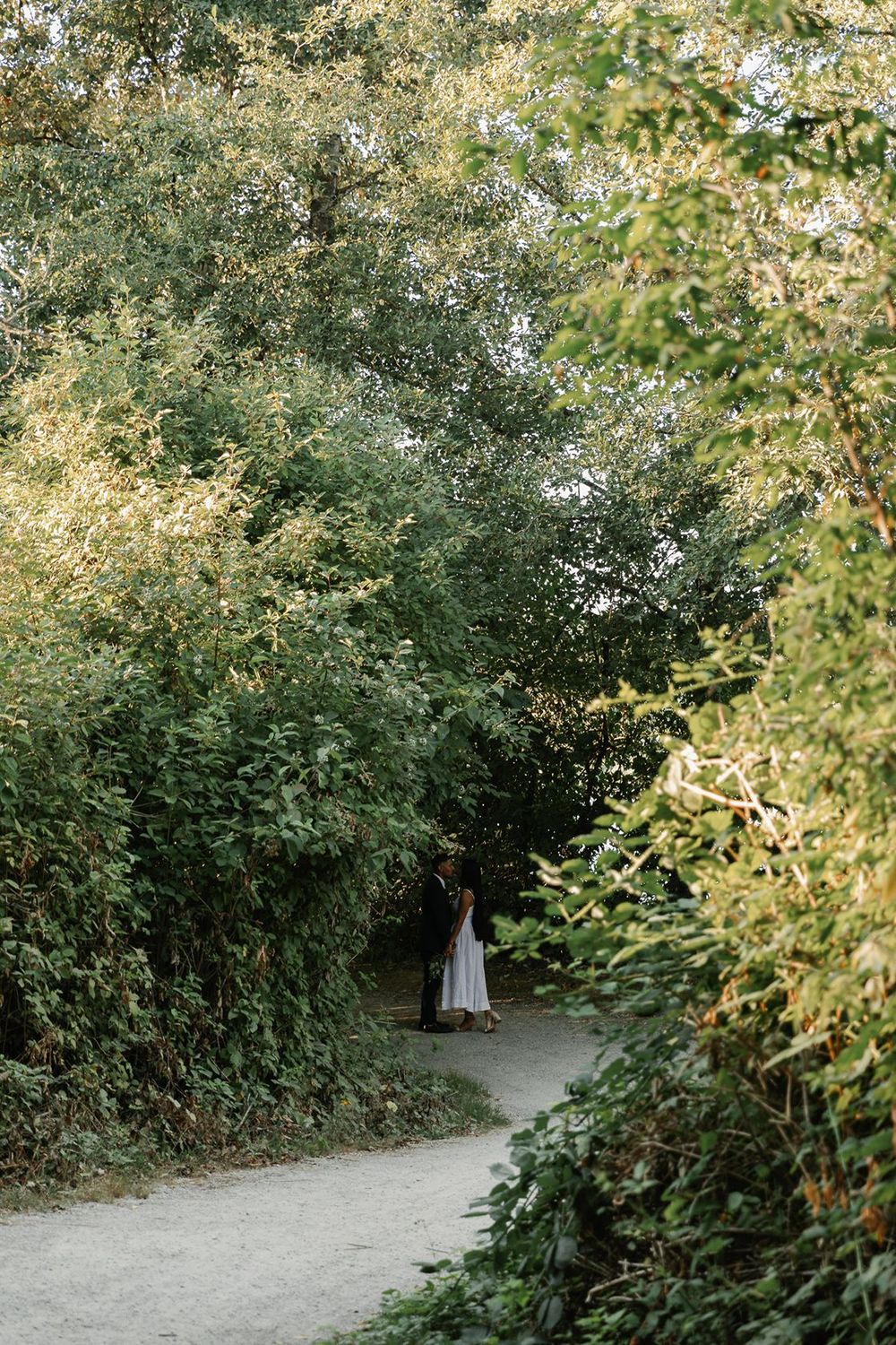 Person in white dress walking along a winding path surrounded by lush green trees in a serene forest setting.
