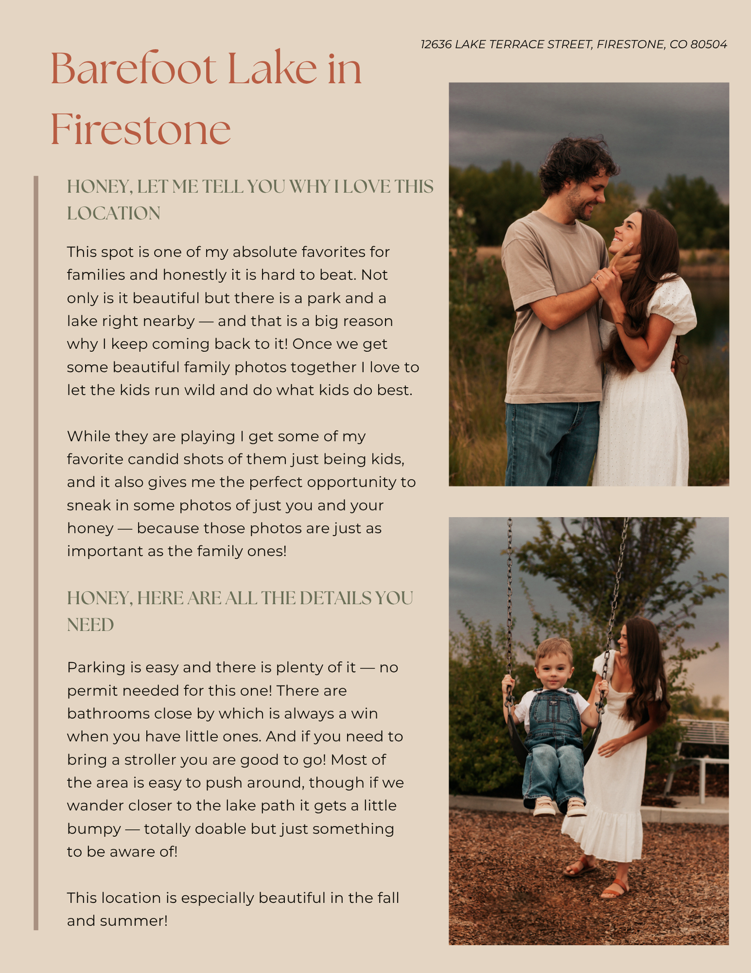 A couple and young child pose together outdoors near Barefoot Lake in Firestone, Colorado during a family photo session.