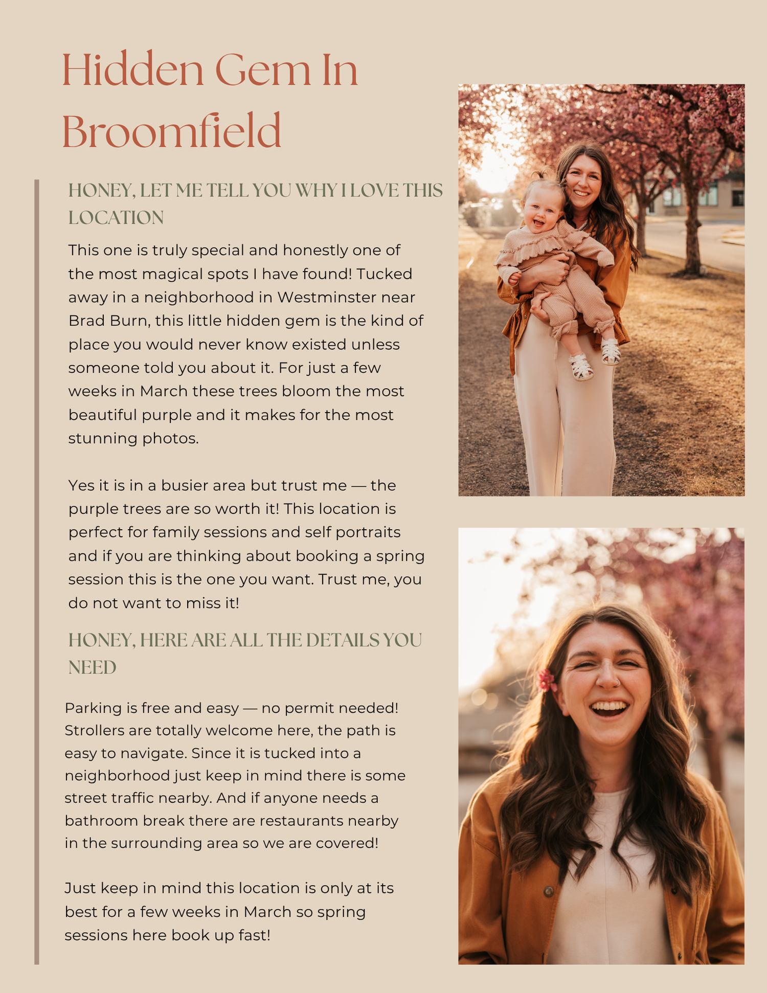 A smiling woman holds a young child outdoors among purple blooming trees at a hidden gem location in Broomfield, Colorado.