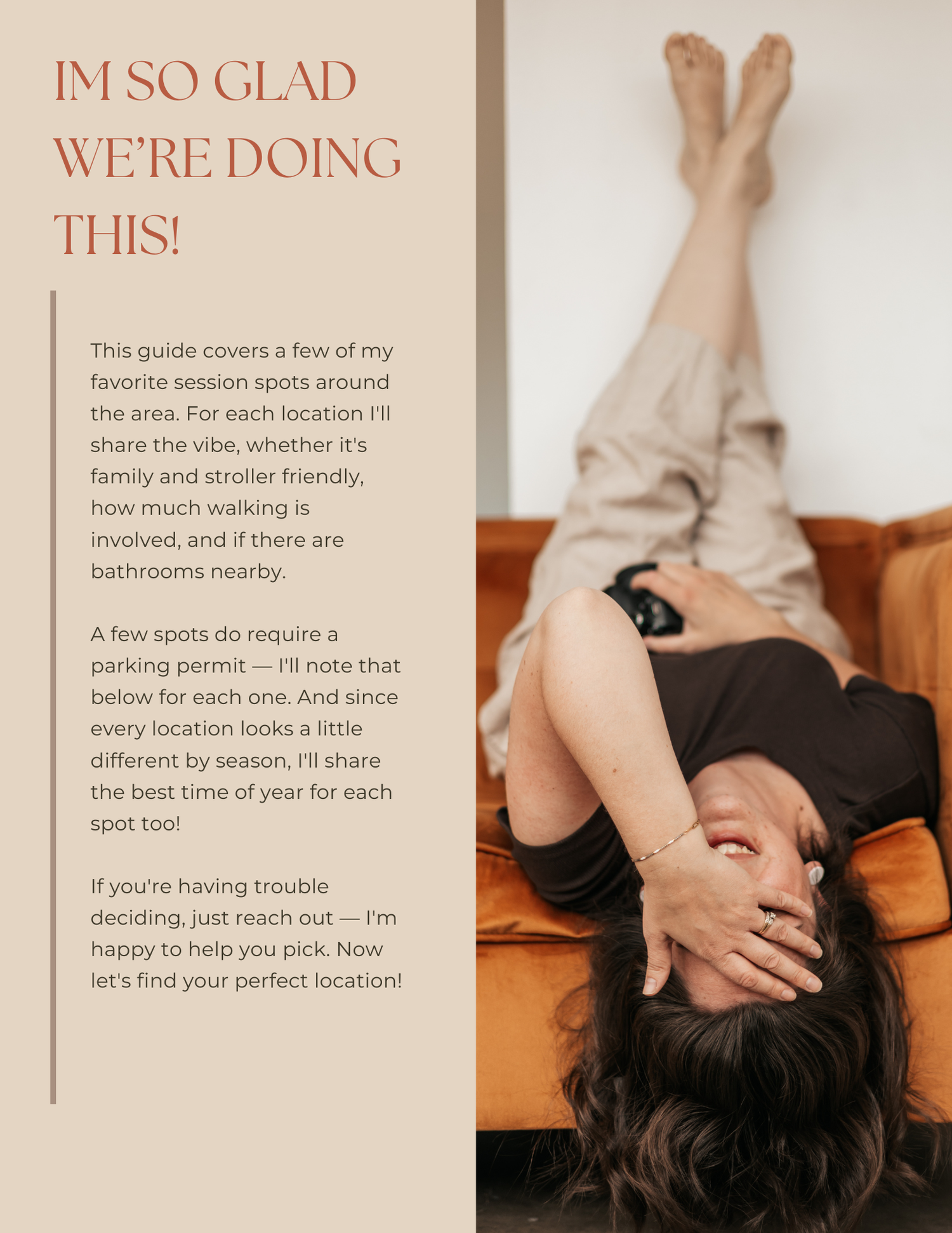 A woman relaxes on an orange couch with legs raised, next to a photography session location guide text.