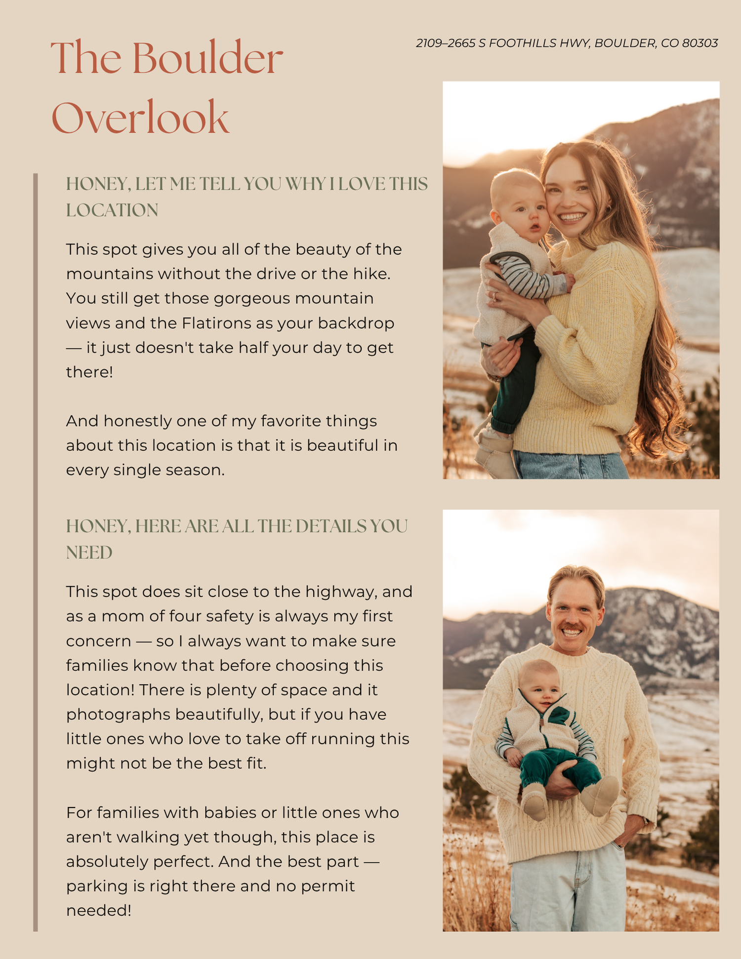 A happy family with a baby poses outdoors at the Boulder Overlook with Flatirons mountain views in the background.