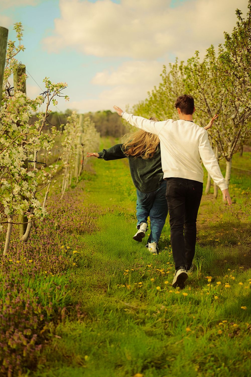 Two people dance playfully together in a blooming apple orchard on a sunny spring afternoon.