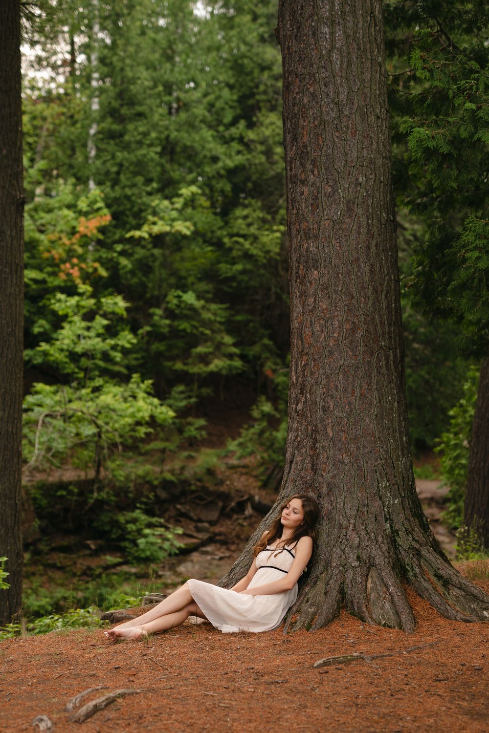 A person in a white dress reclines against large tree trunks in a peaceful forest setting.