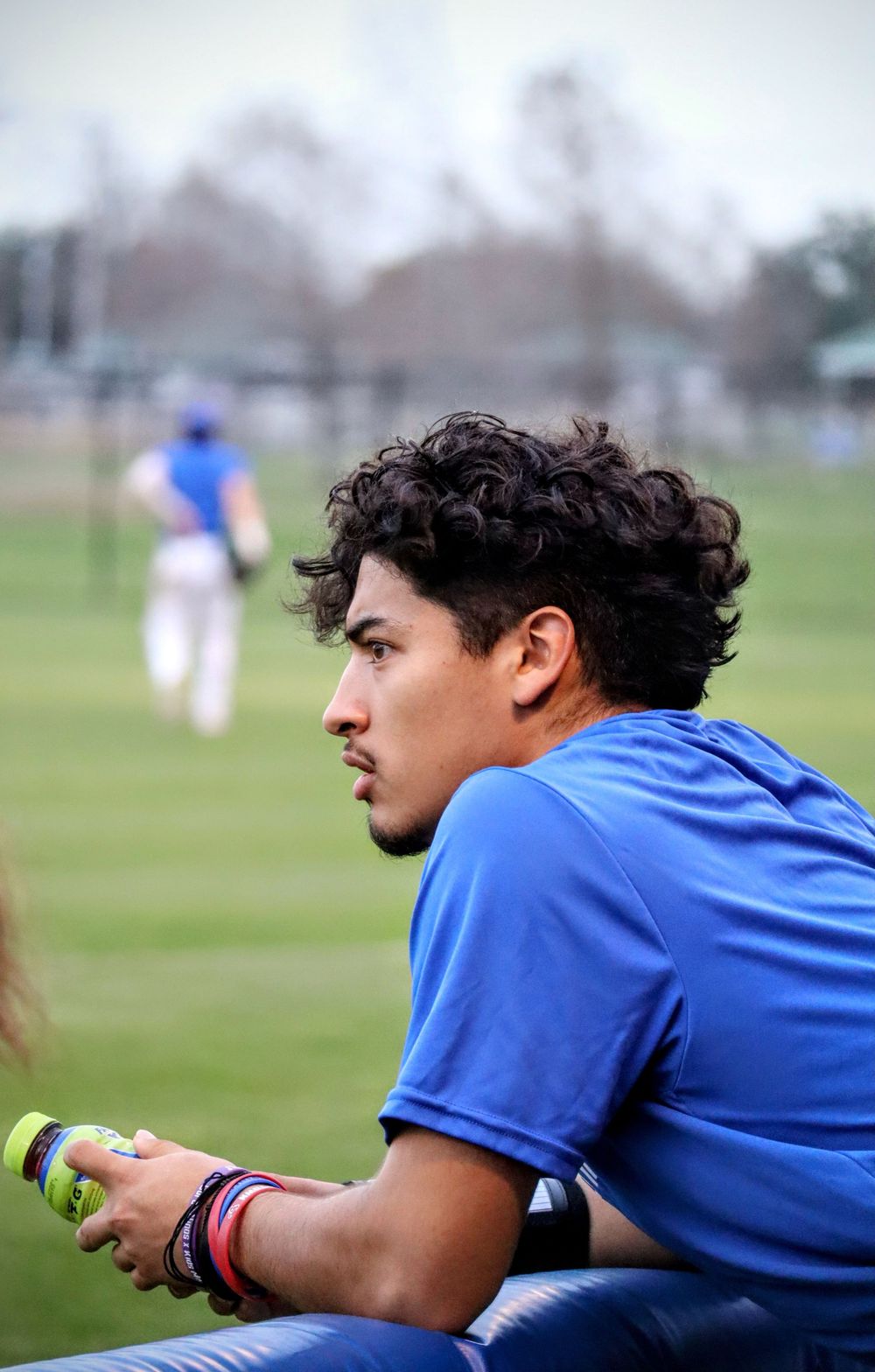 Players in blue jerseys sitting and watching from the sidelines during a baseball game.