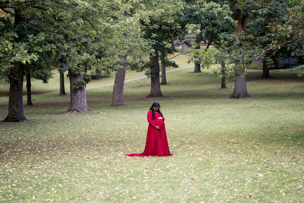 A figure in a flowing red gown stands alone in a serene park setting surrounded by tall trees.