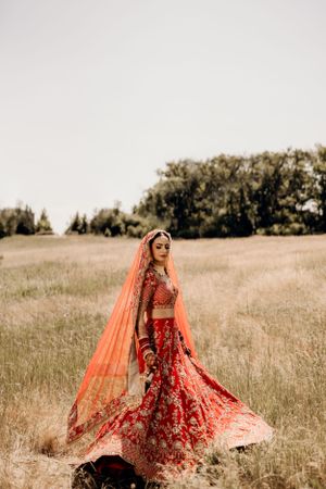 Red and gold lehenga with flowing orange dupatta photographed in golden field at sunset.