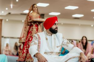 Traditional Sikh wedding ceremony with decorative outfits and cultural elements.