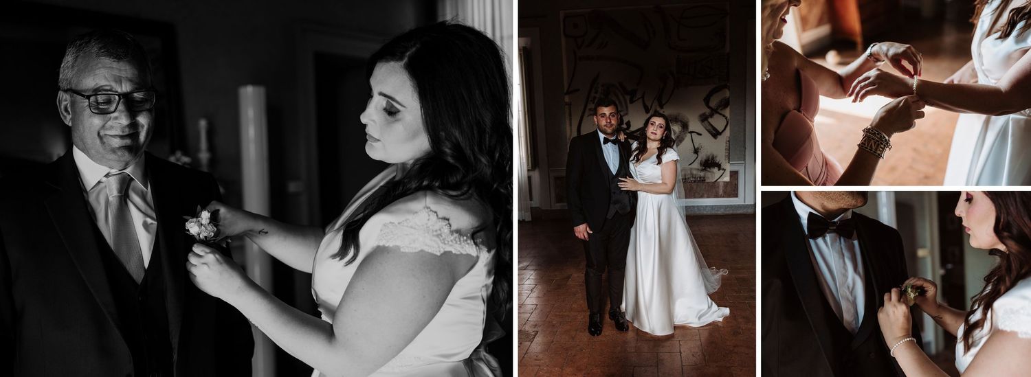 Black and white wedding collage showing bride with father, groom, and ring exchange ceremony moments.