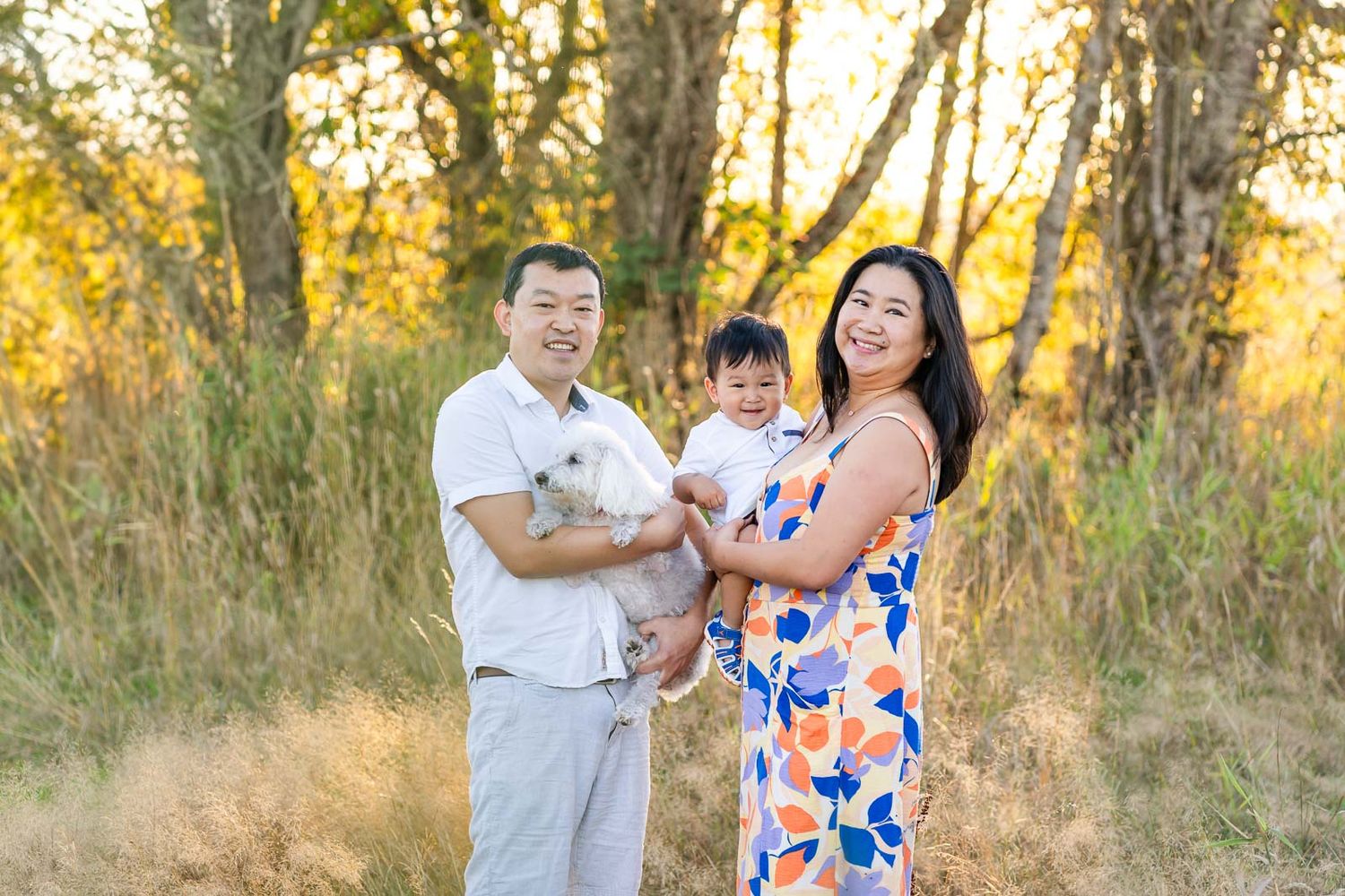Family photo with baby and dog at Marymoor park.