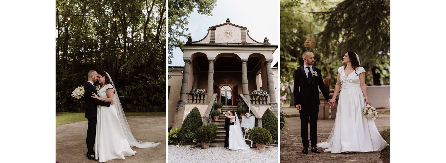 Wedding couple posing elegantly outside a classic villa surrounded by manicured gardens.