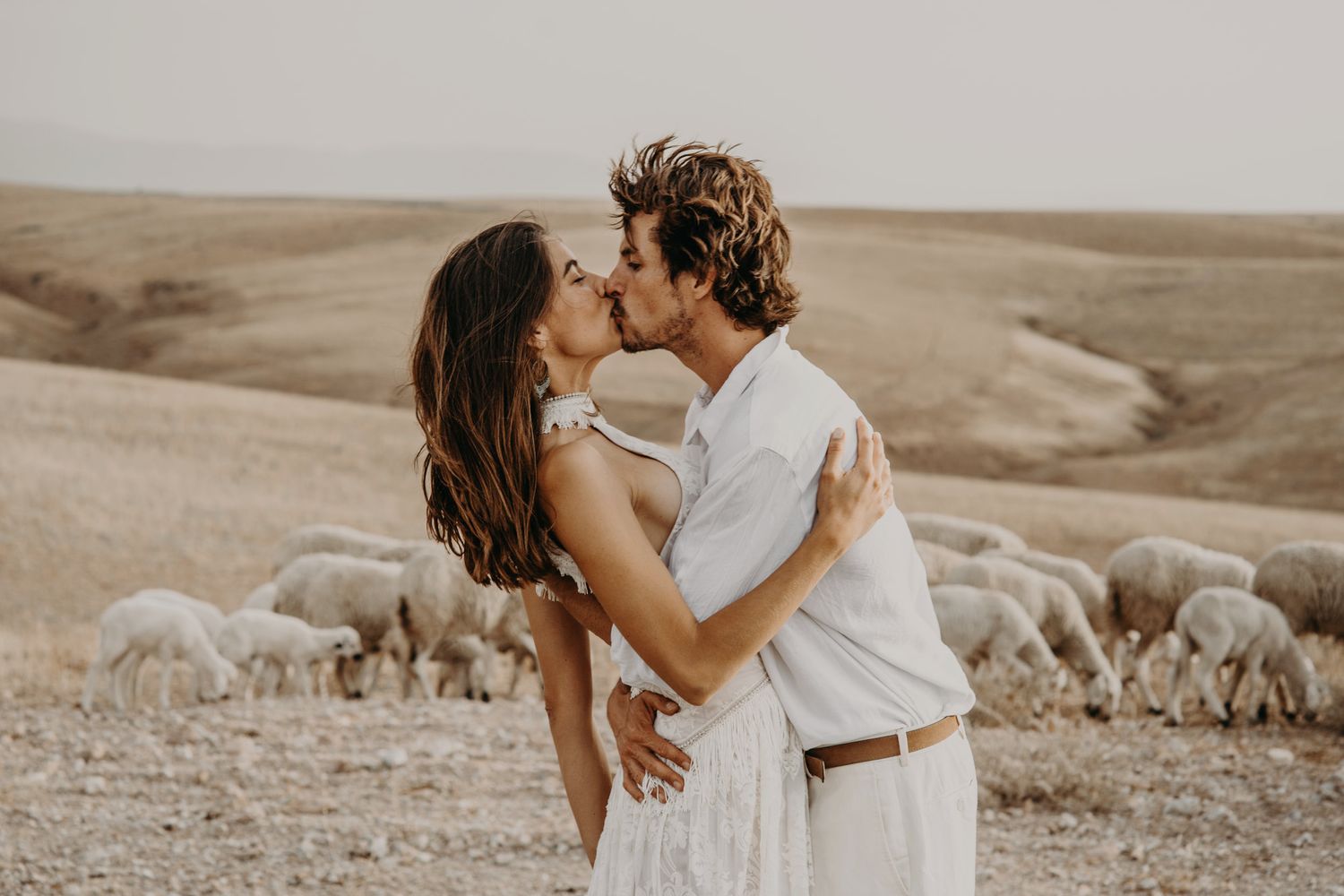 Desert wedding photoshoot with flock of sheep grazing in rustic landscape.