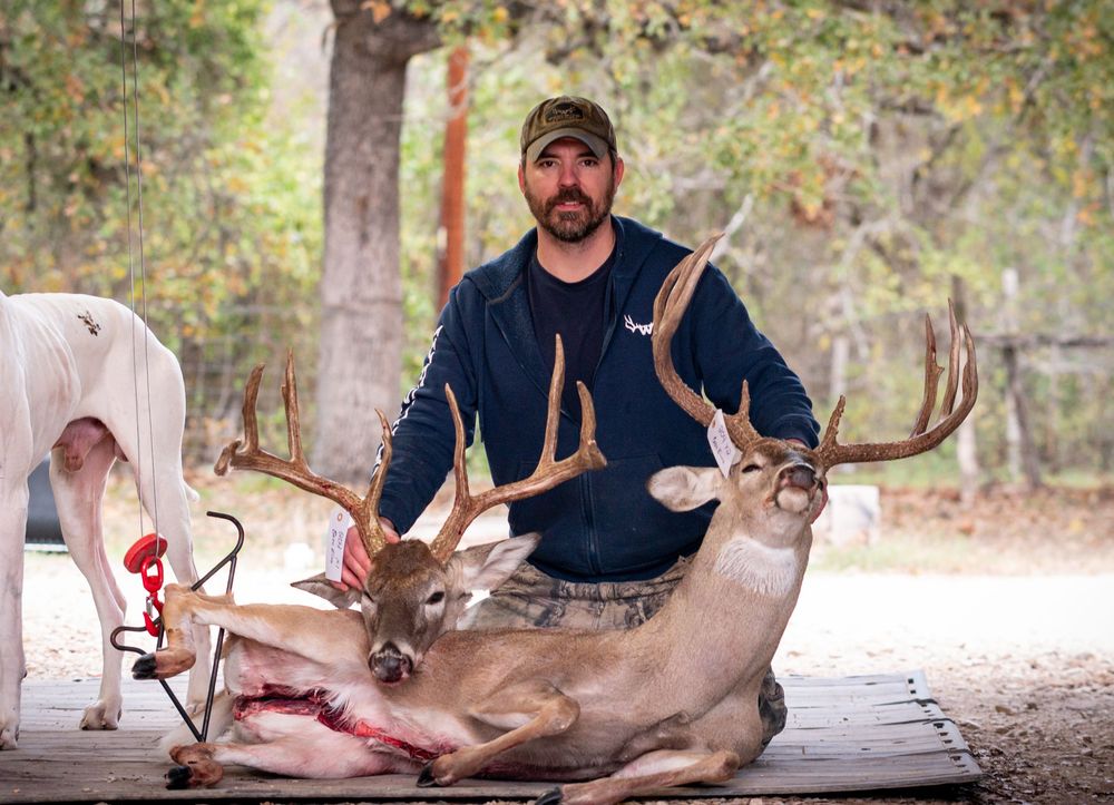 A sequence of photos showing a harvested deer being field dressed and processed outdoors on a wooden deck.